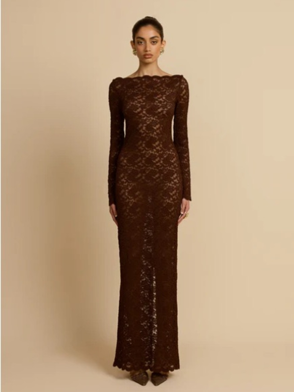 Arcina Ori Brown Lace Long-Sleeve Maxi Dress